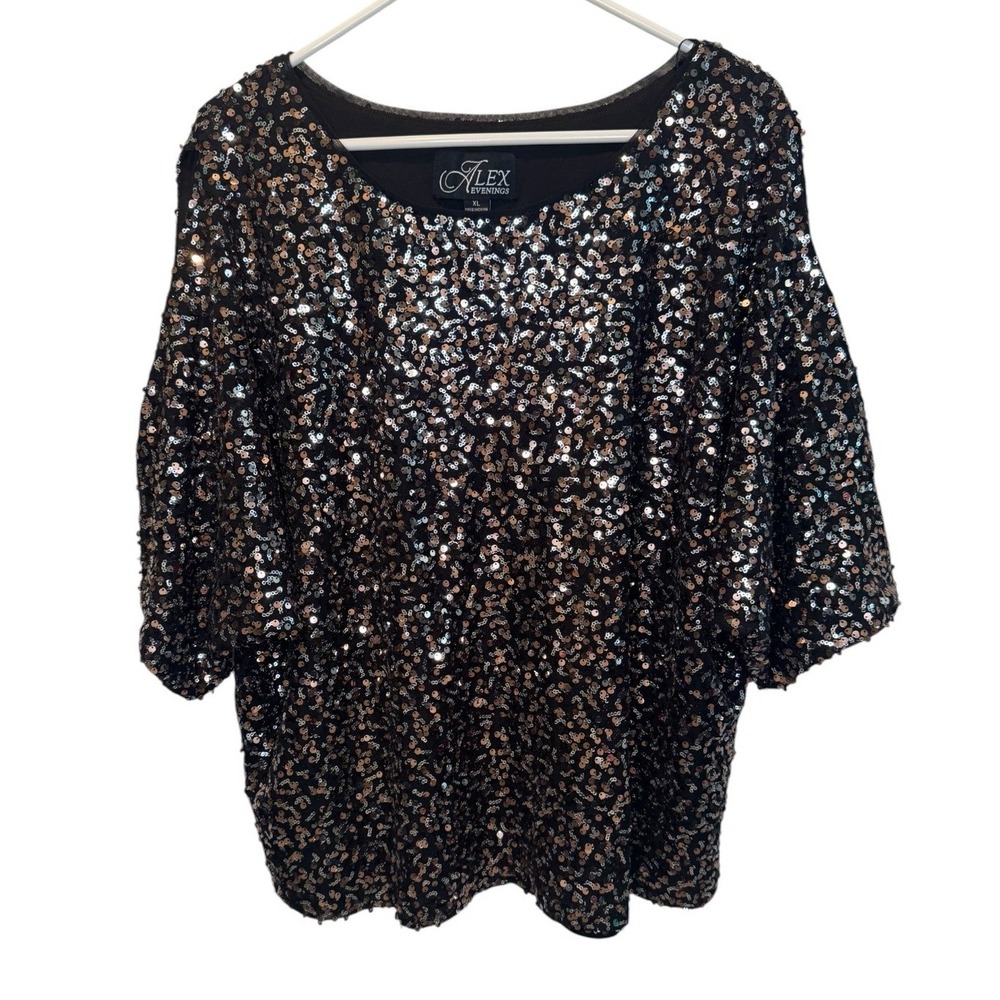 Alex Evenings Womens Black Sequin Split Sleeve Pullover Top XL Party Holiday